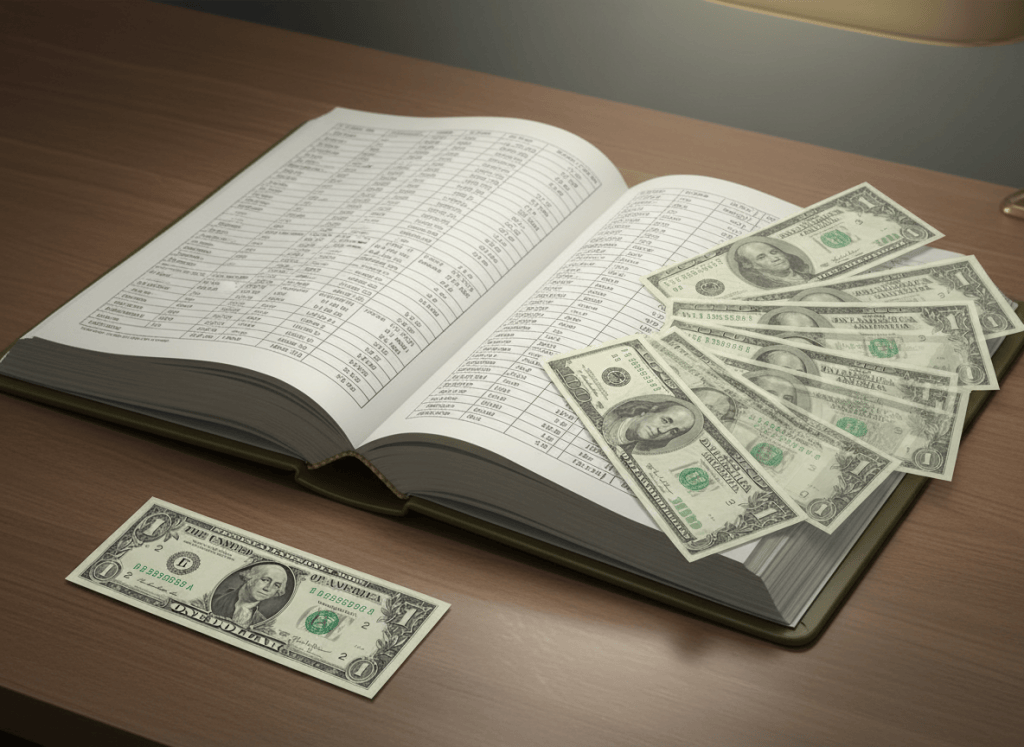 A stark, editorial illustration of a large government ledger book open on a desk, with columns of numbers visible but blurred. A single dollar bill sits to the left side of the ledger, and seventeen ghostly, translucent dollar bills fan out to the right — some solid, some barely visible, suggesting the difference between promised and actual returns. The color palette is bureaucratic: muted greens, grays, and off-whites. No people. The style is photorealistic but slightly stylized, clean and serious, editorial illustration.
