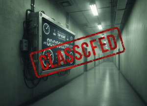 An editorial illustration of a large military-style atomic clock or precision timing device mounted on a wall in a dim, institutional hallway. The clock face is partially obscured by a heavy black CLASSIFIED stamp overlay. The setting is sterile and bureaucratic — concrete walls, fluorescent lighting, government facility aesthetic. Muted greens, grays, and blacks. No people. Photorealistic but slightly stylized, serious editorial tone.
