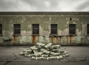 An editorial illustration of a crumbling federal prison building facade — aged concrete walls, peeling paint, rusted bars on narrow windows. In the foreground, a large stack of bundled cash sits on the ground in front of the building, slightly incongruous against the decay. The color palette is institutional: grays, browns, muted greens. No people. Overcast sky. Photorealistic but slightly stylized, serious editorial tone.
