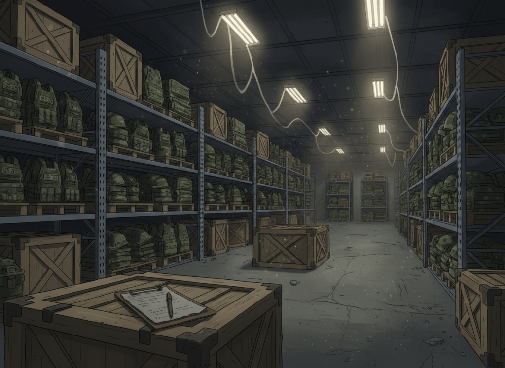 An editorial illustration of military equipment — crates, body armor, and gear — stacked in a large, dimly lit warehouse. Dust motes visible in the air. A clipboard with paperwork sits on top of one crate, partially obscured by shadow. The setting feels forgotten and bureaucratic — concrete floors, industrial shelving, fluorescent lighting flickering. Muted earth tones, khakis, grays. No people. Photorealistic but slightly stylized, serious editorial tone.