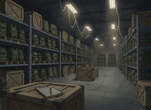 An editorial illustration of military equipment — crates, body armor, and gear — stacked in a large, dimly lit warehouse. Dust motes visible in the air. A clipboard with paperwork sits on top of one crate, partially obscured by shadow. The setting feels forgotten and bureaucratic — concrete floors, industrial shelving, fluorescent lighting flickering. Muted earth tones, khakis, grays. No people. Photorealistic but slightly stylized, serious editorial tone.