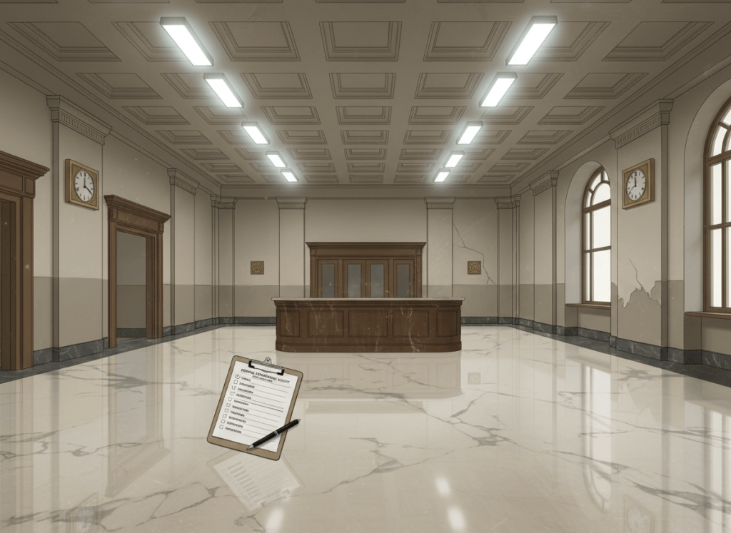 An editorial illustration of a federal government building interior — a grand but slightly worn lobby with marble floors, high ceilings, and fluorescent lighting. A clipboard with an inspection checklist sits on a reception desk, pen resting on top. The building feels institutional and aging — paint slightly faded, a crack in the plaster visible in the corner. Muted tones: beige, gray, soft gold. No people. Photorealistic but slightly stylized, serious editorial tone.