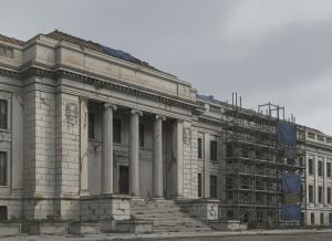 An editorial illustration of a large, aging federal government building exterior — classical architecture with columns, stone facade showing wear: cracked stonework, water stains, a patched roof visible above the cornice. Scaffolding on one section suggests ongoing but incomplete repairs. Gray overcast sky. Muted palette: stone gray, aged white, rust. No people. Serious, photorealistic editorial tone, slightly stylized.