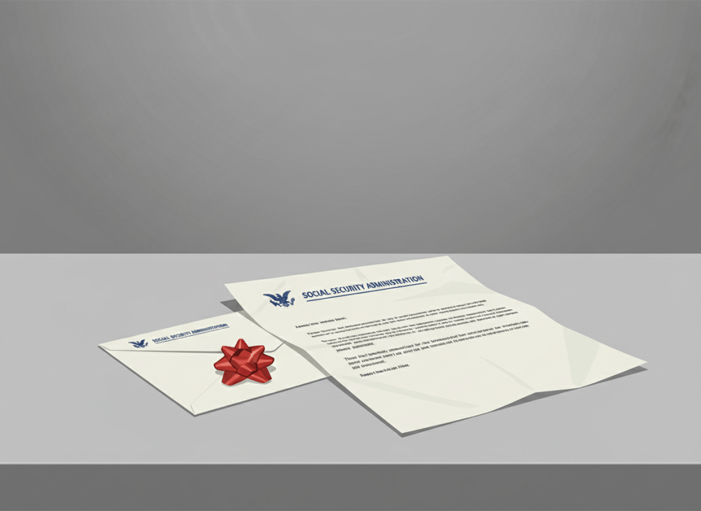 An editorial illustration of an official government letter on formal SSA letterhead, partially unfolded on a plain desk. The letter is crisp and bureaucratic. A small gift bow sits on top of the folded envelope beside it — slightly absurd, understated. Muted palette: off-white paper, government blue, dark gray. No people. Dry, precise editorial tone.