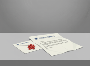 An editorial illustration of an official government letter on formal SSA letterhead, partially unfolded on a plain desk. The letter is crisp and bureaucratic. A small gift bow sits on top of the folded envelope beside it — slightly absurd, understated. Muted palette: off-white paper, government blue, dark gray. No people. Dry, precise editorial tone.