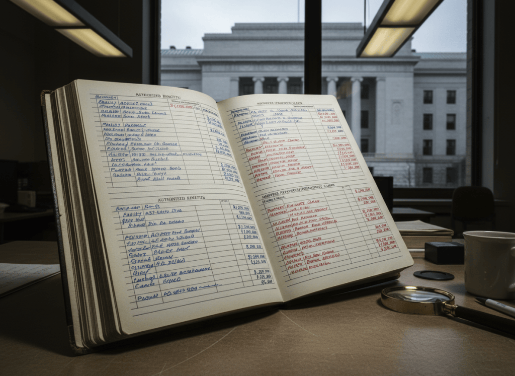 A large, worn government ledger book open on a desk, its pages filled with columns of numbers and government program names. One side of the ledger shows benefit amounts in blue ink, the other shows red figures for improper payments. The ledger sits under harsh fluorescent office lighting, with a Washington DC government building visible through a window in the background. Documentary, photorealistic style. Muted, institutional color palette.