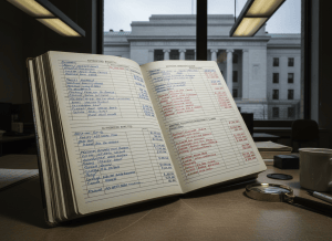 A large, worn government ledger book open on a desk, its pages filled with columns of numbers and government program names. One side of the ledger shows benefit amounts in blue ink, the other shows red figures for improper payments. The ledger sits under harsh fluorescent office lighting, with a Washington DC government building visible through a window in the background. Documentary, photorealistic style. Muted, institutional color palette.