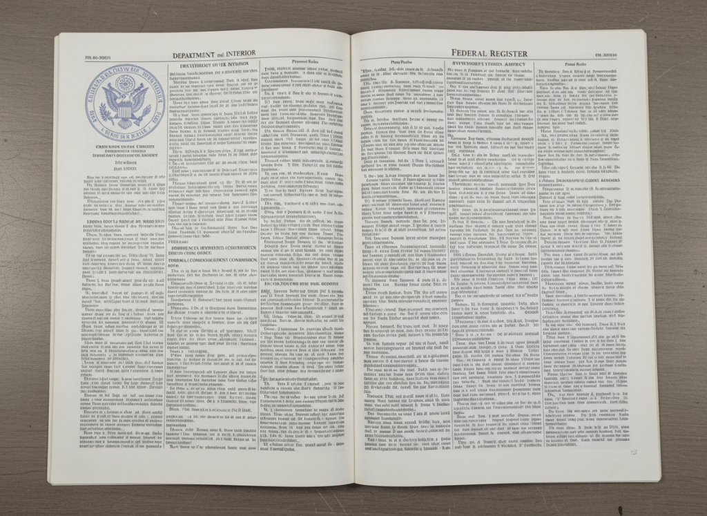 A close-up of an open Federal Register — the official daily journal of the U.S. federal government — lying flat on a government desk. The pages show dense columns of regulatory text, agency names in bold, and document numbers. A government seal is partially visible. Muted institutional palette, documentary photorealistic style. Overhead lighting, slightly worn paper texture.