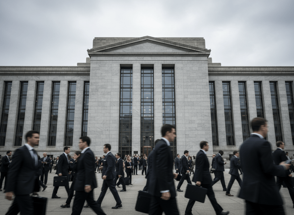 A wide shot of the SEC headquarters building in Washington D.C., framed to emphasize its institutional weight. The facade is stone and glass, slightly overcast sky above. Foreground includes a blurred crowd of suited figures — shareholders, lobbyists, executives — in motion. Documentary photorealistic style, muted palette of grey and navy. No text or logos.