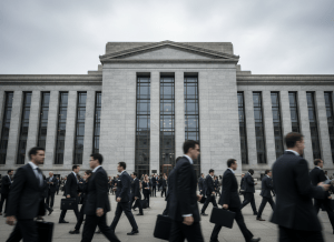 A wide shot of the SEC headquarters building in Washington D.C., framed to emphasize its institutional weight. The facade is stone and glass, slightly overcast sky above. Foreground includes a blurred crowd of suited figures — shareholders, lobbyists, executives — in motion. Documentary photorealistic style, muted palette of grey and navy. No text or logos.