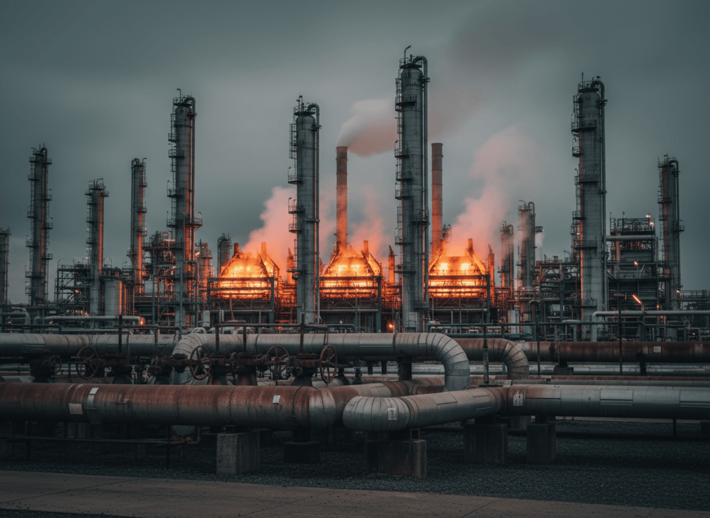 A large industrial petrochemical plant at dusk, showing cracking furnaces and distillation towers with steam venting. The scene has an ominous, heavy atmosphere — orange glow from the facility against a grey sky. Foreground shows industrial piping and valves. Documentary photorealistic style, muted industrial palette. No text, no people.