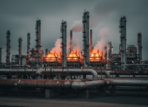 A large industrial petrochemical plant at dusk, showing cracking furnaces and distillation towers with steam venting. The scene has an ominous, heavy atmosphere — orange glow from the facility against a grey sky. Foreground shows industrial piping and valves. Documentary photorealistic style, muted industrial palette. No text, no people.