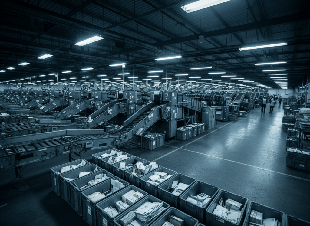 A vast, dimly lit postal sorting facility interior at night, rows of conveyor belts and sorting machines stretching into the distance, a few workers visible in the background. Overhead fluorescent lighting casts a cold industrial glow. Bins of unsorted mail visible in the foreground. Documentary photorealistic style, muted blue-grey palette. No text, no logos.