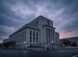 A wide-angle, moody view of the Federal Reserve building in Washington D.C. at dusk, classical architecture, dramatic sky, muted blue and grey tones. Documentary photorealistic style. No text, no logos.