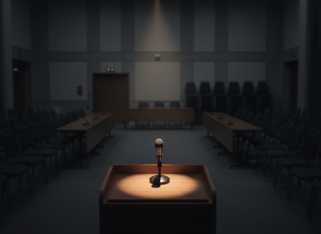 A moody, atmospheric image of a podium microphone in a formal press conference room, dramatic lighting, deep shadows, institutional setting, muted grey and navy tones. No people, no text, no logos. Documentary photorealistic style.