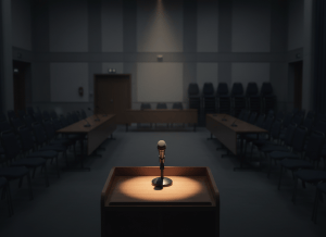 A moody, atmospheric image of a podium microphone in a formal press conference room, dramatic lighting, deep shadows, institutional setting, muted grey and navy tones. No people, no text, no logos. Documentary photorealistic style.