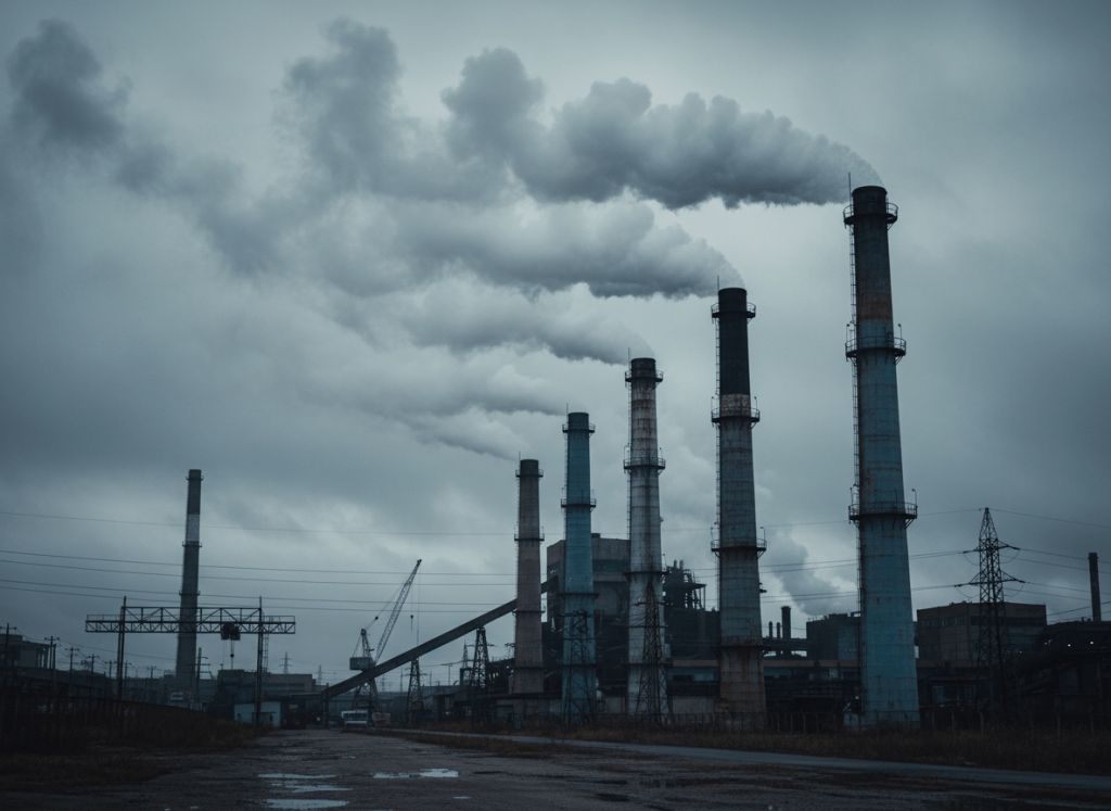 A moody, wide-angle view of industrial smokestacks against a grey overcast sky, atmospheric and dramatic, muted tones of grey and blue, documentary photorealistic style. No text, no logos, no people.