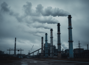 A moody, wide-angle view of industrial smokestacks against a grey overcast sky, atmospheric and dramatic, muted tones of grey and blue, documentary photorealistic style. No text, no logos, no people.