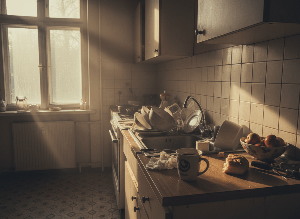 A moody, cinematic wide shot of a kitchen with morning light streaming through a window, dishes in the sink, a coffee cup on the counter, suggesting quiet domestic labor. Warm but slightly melancholic tones. No people, no text, no logos. Documentary photorealistic style.