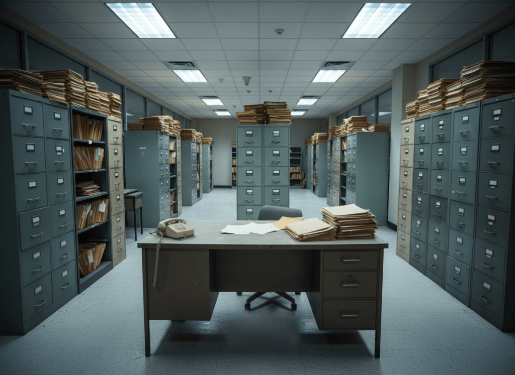 A cinematic wide shot of a government office — rows of filing cabinets, manila folders stacked high, fluorescent lighting, an empty desk with a phone and a pile of unread papers. Muted institutional colors, slightly grim atmosphere. No people, no text, no logos. Documentary photorealistic style.