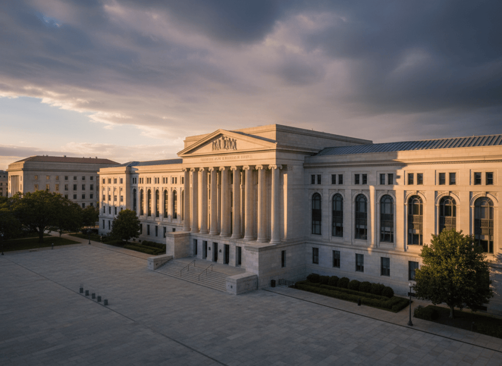 A wide cinematic shot of the exterior of the Department of Justice building in Washington D.C., late afternoon light, slightly dramatic sky. Institutional, serious, governmental. No people, no text, no logos. Documentary photorealistic style.