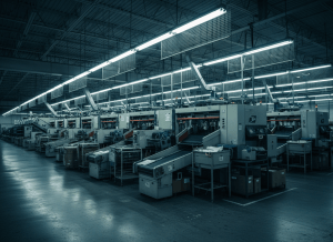 A wide cinematic shot of a United States Postal Service mail sorting facility interior, industrial overhead lighting, rows of sorting equipment, slightly moody and institutional. No people, no text, no logos. Documentary photorealistic style.
