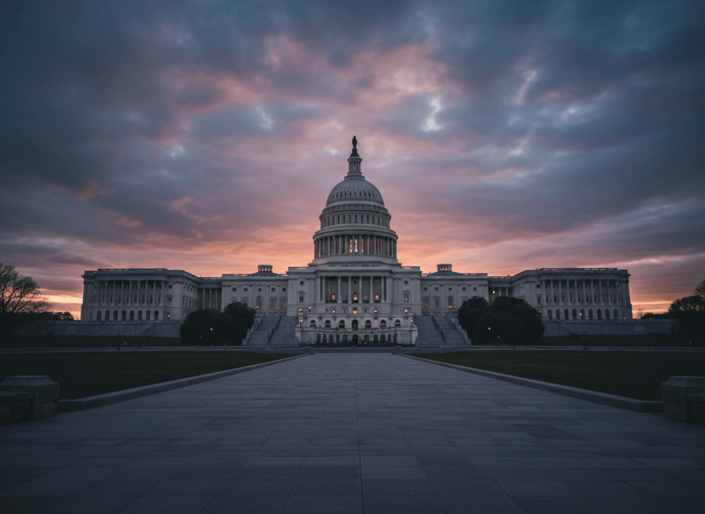 A wide cinematic shot of the exterior of the United States Capitol building at dusk, dramatic sky, long shadows, institutional and slightly foreboding. No people, no text, no logos. Documentary photorealistic style.