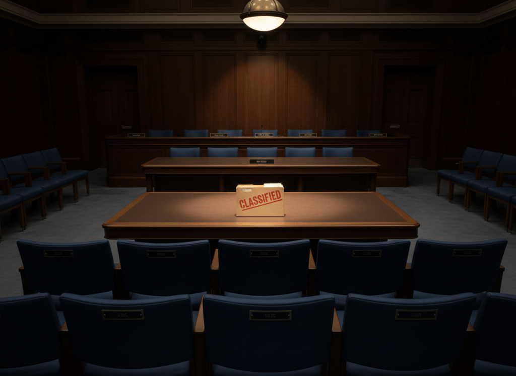 A dimly lit congressional hearing room with empty chairs behind nameplates, a single overhead light casting a cone of light on an empty witness table. On the table sits a single manila folder stamped CLASSIFIED in red. The atmosphere is austere, institutional, formal. Muted tones of navy, grey, and amber. Photorealistic editorial style.