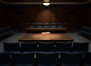 A dimly lit congressional hearing room with empty chairs behind nameplates, a single overhead light casting a cone of light on an empty witness table. On the table sits a single manila folder stamped CLASSIFIED in red. The atmosphere is austere, institutional, formal. Muted tones of navy, grey, and amber. Photorealistic editorial style.