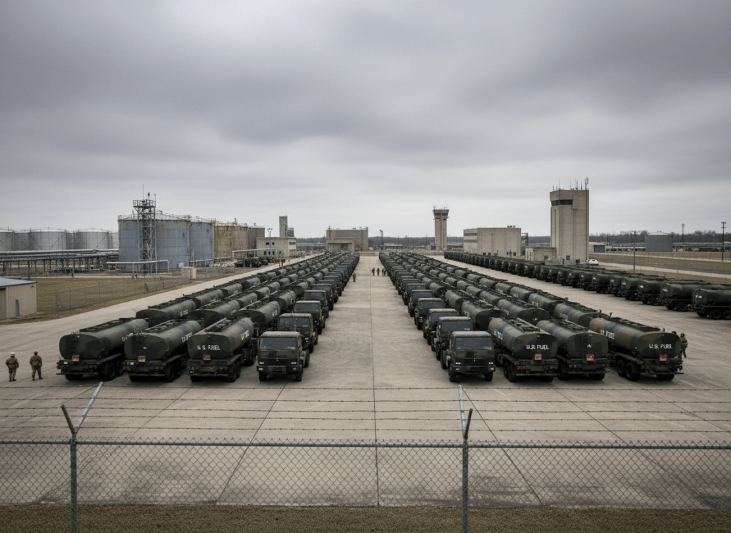 A large industrial fuel depot with military tanker trucks lined up, set against a grey overcast sky. Chain-link fencing in the foreground, utilitarian concrete structures in the background. A subtle sense of scale and bureaucratic machinery. Muted tones of grey, olive, and steel blue. Photorealistic editorial style.