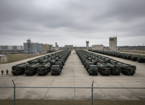 A large industrial fuel depot with military tanker trucks lined up, set against a grey overcast sky. Chain-link fencing in the foreground, utilitarian concrete structures in the background. A subtle sense of scale and bureaucratic machinery. Muted tones of grey, olive, and steel blue. Photorealistic editorial style.