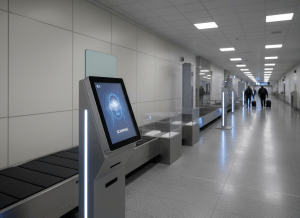 An airport security checkpoint with a biometric kiosk in the foreground, blue light emanating from a screen scanning a face. The background shows a long terminal corridor with muted overhead lighting and a few blurred travelers. Institutional, slightly clinical atmosphere. Muted tones of grey, blue, and white. Photorealistic editorial style.