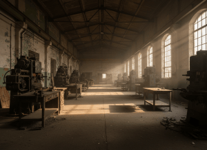 An empty factory floor, industrial and cavernous, with late afternoon light streaming through dusty windows. Abandoned machinery and empty workbenches suggest a plant closure. The atmosphere is quiet, historical, melancholic. Muted tones of brown, grey, and amber. Photorealistic editorial style.