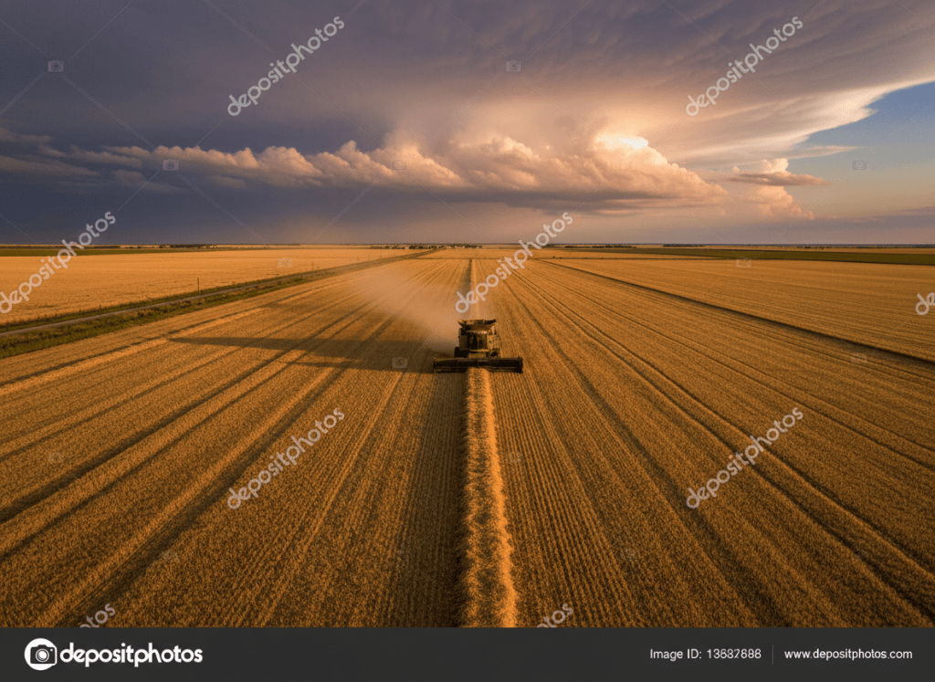 A vast American grain field at harvest time, golden wheat or corn stretching to the horizon under a wide open sky with dramatic clouds. A combine harvester is visible in the middle distance. The scene conveys scale, agricultural industry, and the weight of policy decisions affecting rural America. Warm golden and amber tones. Photorealistic editorial style.