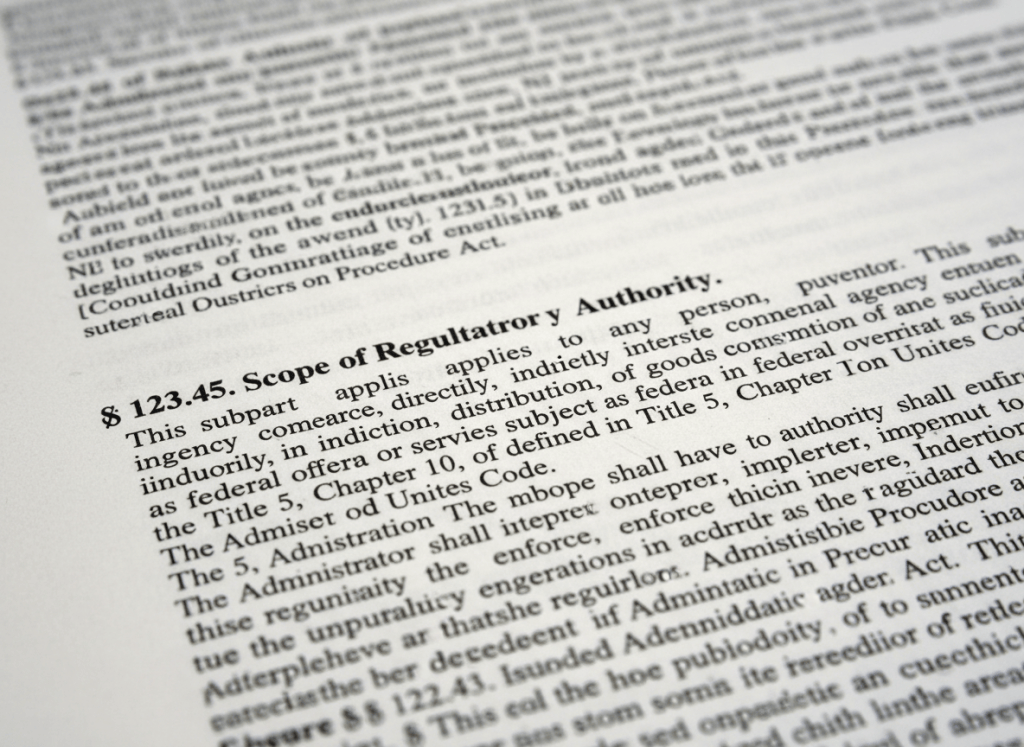 A close-up of dense government regulatory text on an official printed page, slightly out of focus in the background, with a single paragraph in sharp focus. The scene evokes the weight and volume of federal rulemaking. Cool, neutral tones — grey, off-white, black ink. Photorealistic editorial style.