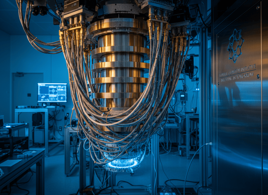 A dramatic close-up of a cryogenic quantum computing system — gold-colored dilution refrigerator components with wires and cables hanging in a cold, clinical laboratory environment. The image conveys cutting-edge technology, precision engineering, and the scale of the federal investment in quantum computing. Cool blue and gold tones. Photorealistic editorial style.