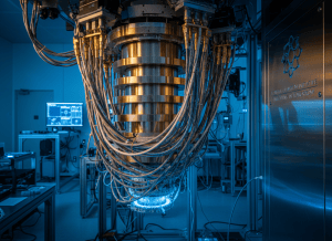 A dramatic close-up of a cryogenic quantum computing system — gold-colored dilution refrigerator components with wires and cables hanging in a cold, clinical laboratory environment. The image conveys cutting-edge technology, precision engineering, and the scale of the federal investment in quantum computing. Cool blue and gold tones. Photorealistic editorial style.