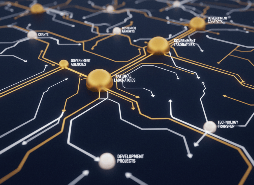 A wide aerial view of an abstract network of glowing interconnected lines and nodes representing federal funding flowing between government agencies, national laboratories, and private companies. The image evokes investment infrastructure and institutional networks. Deep navy blue background with gold and white connection lines. Editorial, conceptual style.