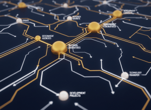 A wide aerial view of an abstract network of glowing interconnected lines and nodes representing federal funding flowing between government agencies, national laboratories, and private companies. The image evokes investment infrastructure and institutional networks. Deep navy blue background with gold and white connection lines. Editorial, conceptual style.