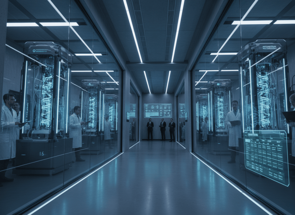 A dramatic wide-angle view of a high-tech government laboratory corridor with multiple quantum computing systems visible through glass partitions, researchers in the background examining equipment. The image conveys a race among competitors being observed and evaluated by federal scientists. Clean, institutional, cool lighting with deep blues and whites. Photorealistic editorial style.