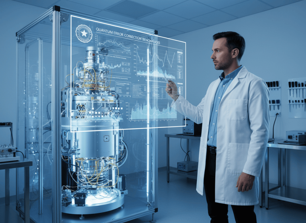 A scientist in a laboratory coat examining data on a large monitor displaying complex quantum error graphs and benchmark results. The background shows a cryogenic quantum computing system behind glass. The image conveys rigorous government evaluation and scientific verification of cutting-edge technology. Cool blue and white tones, clinical precision. Photorealistic editorial style.