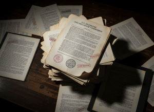 A dramatic overhead view of a large stack of weathered government documents and regulatory filings, with a prominent SEC letterhead visible on top, surrounded by scattered pages covered in dense legal text, red administrative stamps, and formal seals. Dark moody lighting with deep shadows, muted tones of cream, gray, and black. One sheet has the phrase "Rule 14a-8" partially visible. The aesthetic is serious, archival, and institutional — evoking federal bureaucracy and regulatory power.