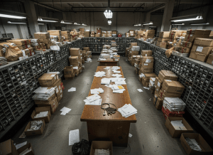 A gritty, documentary-style overhead shot of a cluttered postal workroom floor with stacks of undelivered mail and packages piled against carrier cases, a worn wooden sorting desk with scattered envelopes and a ring of arrow keys sitting unattended on top. Dim industrial overhead lighting, muted tones of gray, beige, and faded red. The aesthetic is institutional and bureaucratic — worn, unglamorous, and slightly neglected. No people visible. Evokes a government audit finding.
