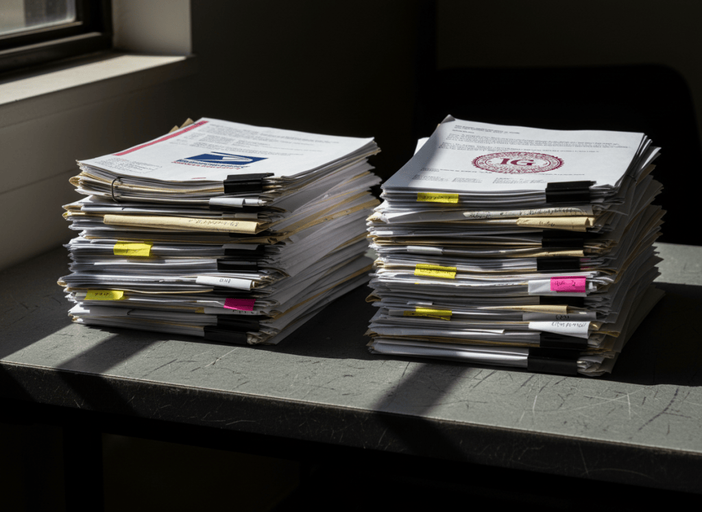 A stark, institutional close-up of two stacks of formal government letters and audit documents placed side by side on a worn government-issue desk, each stack representing opposing parties in a dispute. One stack has a USPS eagle seal visible, the other has an Inspector General seal. The papers are dense with text, some with highlighted passages and handwritten margin notes. Muted tones of cream, gray, and dark navy. Dramatic side lighting casting sharp shadows. The aesthetic is serious, bureaucratic, and adversarial — evoking a formal institutional standoff over written records.
