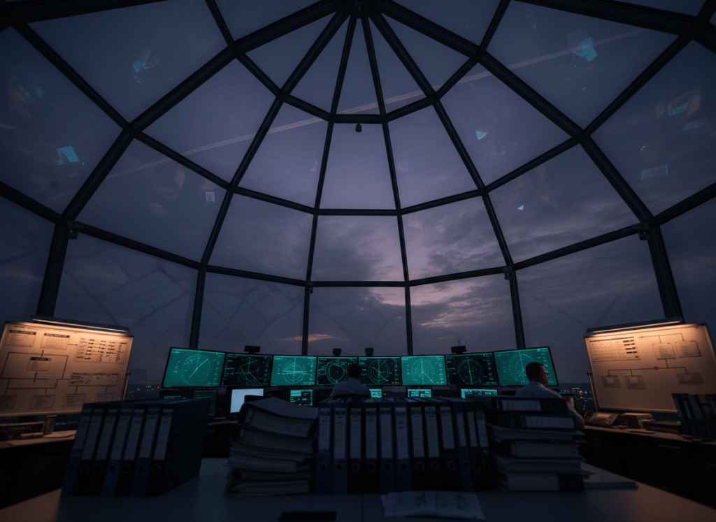 A dramatic wide-angle view looking up through the glass ceiling of a modern air traffic control tower at dusk, with the darkening sky visible above and the faint silhouettes of aircraft contrails crossing overhead. The interior of the tower is dimly lit, with radar screens glowing in cool blue and green. Stacks of thick binders and organizational charts are visible on a desk in the foreground, slightly out of focus. Muted tones of steel blue, dark gray, and amber. The aesthetic is institutional and slightly ominous — evoking bureaucratic complexity in a high-stakes environment.