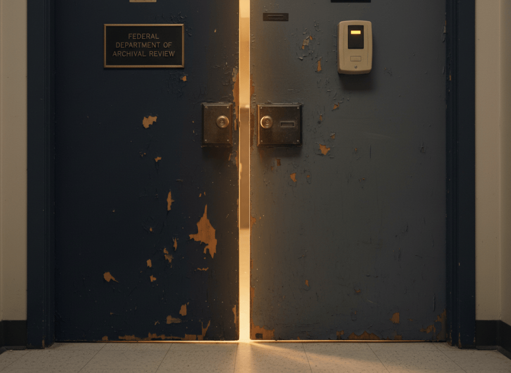 A moody, atmospheric close-up of an old government office door with a heavy institutional lock — slightly ajar, with light spilling through the gap. The door is worn, with peeling paint in dark navy and institutional gray. On the wall beside it, a faded placard reads a generic federal agency name. A keycard access panel is mounted to the right, its indicator light glowing amber instead of green. The floor is scuffed linoleum. The aesthetic is bureaucratic neglect — not dramatic crisis, but quiet, mundane institutional failure. Muted tones of navy, gray, amber, and cream.