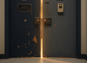 A moody, atmospheric close-up of an old government office door with a heavy institutional lock — slightly ajar, with light spilling through the gap. The door is worn, with peeling paint in dark navy and institutional gray. On the wall beside it, a faded placard reads a generic federal agency name. A keycard access panel is mounted to the right, its indicator light glowing amber instead of green. The floor is scuffed linoleum. The aesthetic is bureaucratic neglect — not dramatic crisis, but quiet, mundane institutional failure. Muted tones of navy, gray, amber, and cream.