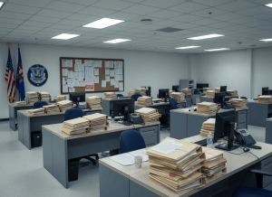 A somber, documentary-style wide shot of an empty Coast Guard administrative office — rows of institutional desks with manila folders stacked on them, an American flag and a Coast Guard flag standing in the corner, fluorescent lighting casting a flat, bureaucratic light over the room. A wall-mounted bulletin board has printed policy documents pinned to it. No people visible. The aesthetic is institutional accountability — orderly on the surface, with the weight of unfinished business in the air. Muted tones of white, gray, Coast Guard blue, and orange.