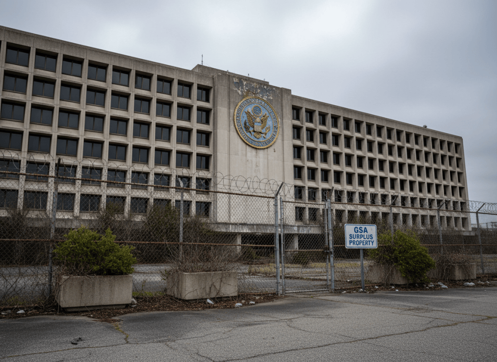 A wide-angle documentary photograph of an abandoned federal government building — a large, brutalist concrete structure with rows of dark empty windows, overgrown shrubbery at the base, and a faded government seal above the entrance. A chain-link fence with a padlock surrounds the perimeter. The sky is overcast and gray. A GSA surplus property sign is barely visible near the entrance. The aesthetic is institutional neglect and bureaucratic stasis — not disaster, just slow, expensive inaction. Muted tones of concrete gray, pale green overgrowth, and faded federal blue.