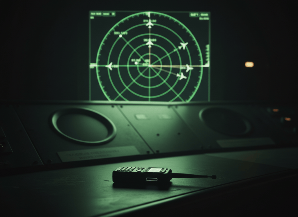 A dramatic, cinematic close-up of an air traffic control radar screen at night, casting a green glow across a darkened room. On the screen, aircraft blips are clearly visible against the sweep pattern. In the foreground, slightly out of focus, a handheld software-defined radio device sits on the console — small, civilian, innocuous-looking. The contrast between the high-stakes institutional infrastructure and the cheap consumer hardware is the visual tension. No people visible. The aesthetic is technical vulnerability — not chaos, but latent danger in a controlled environment. Muted tones of radar green, deep black, and pale amber.